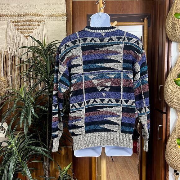 Vintage 90s Abstract Geometric Sweater M Seinfeld Style Coogi Era Statement Knit - Picture 2 of 8